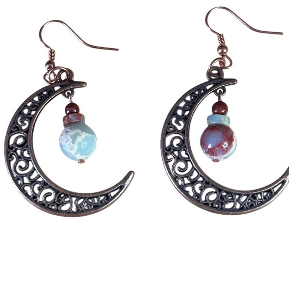 Bronze Filigree Crescent Moon Dangle Earrings Natural Stone Bead Boho Celestial